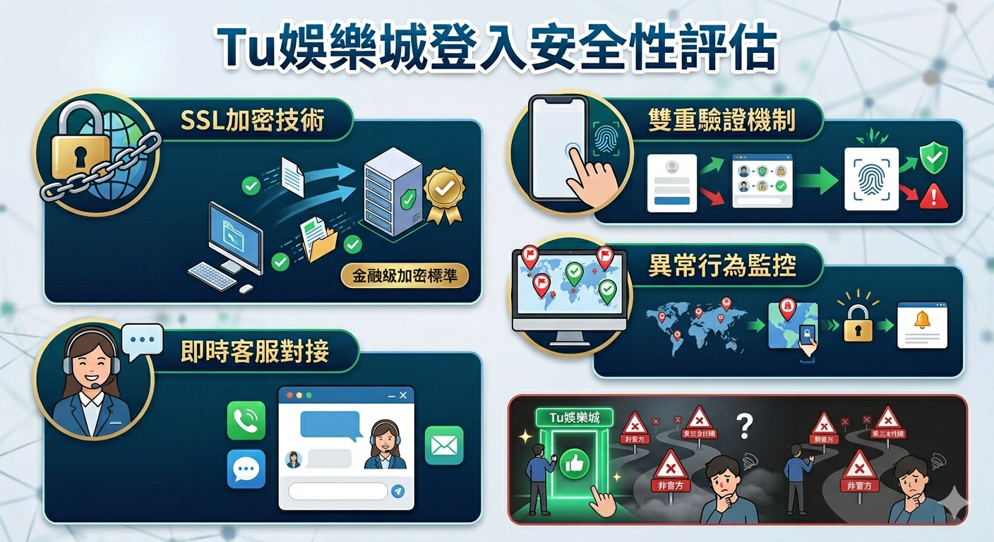 詳細展示了「Tu娛樂城登入安全性評估」,透過視覺化圖標說明了 SSL 加密、雙重驗證、異常監控及即時客服等保障玩家帳戶的關鍵機制。圖像強調了採用正確官方登入路徑的重要性,以避免因為使用第三方代理或錯誤連結而產生詐騙風險,確保遊戲環境的安全穩定。此設計旨在傳達平台對資安的重視,並指導使用者採取正確的登入認知來保護個人資訊安全。