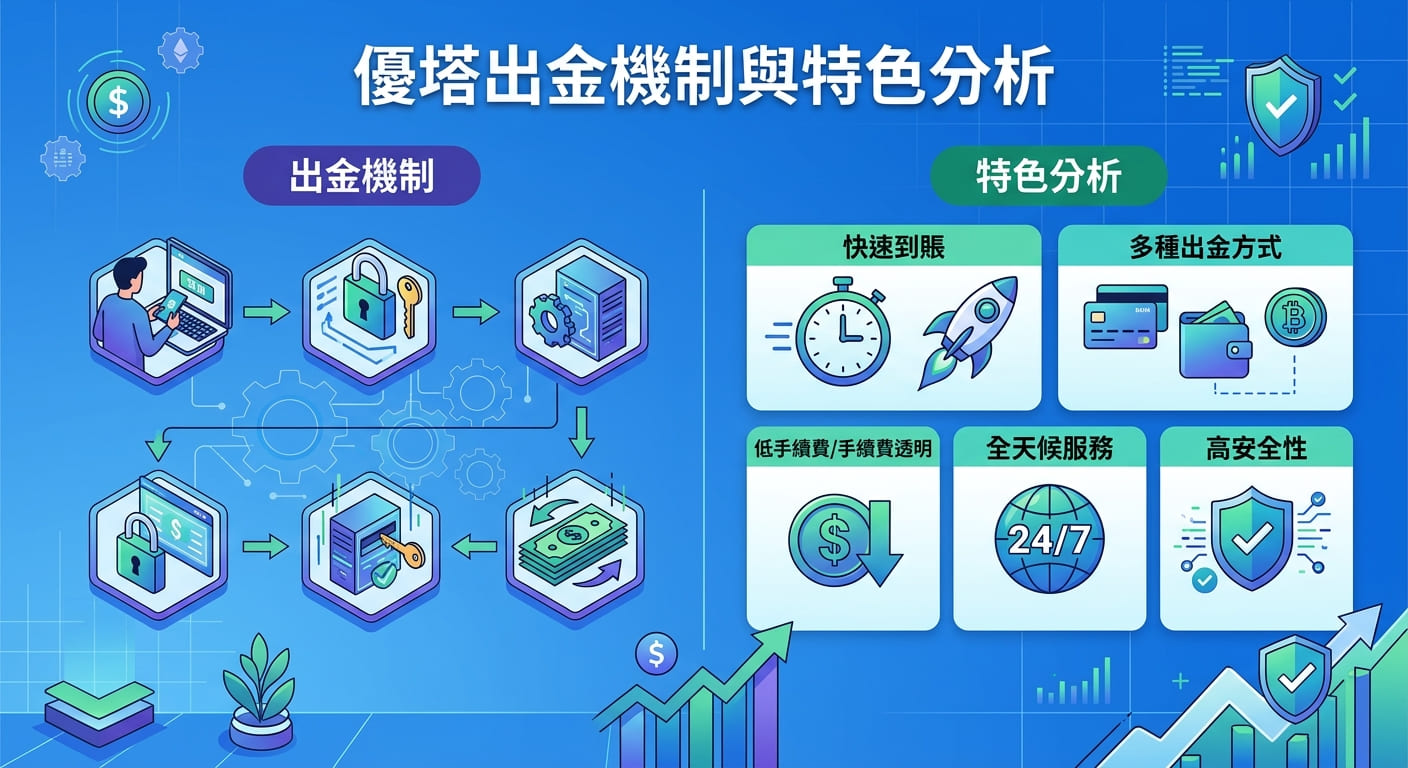 一張展示「優塔出金機制與特色分析」的資訊圖表,左側以步驟流程圖呈現提款與安全驗證機制。 右側則運用簡潔圖標,分析快速到帳、多種出金方式、全天候服務與高安全性等主要特色