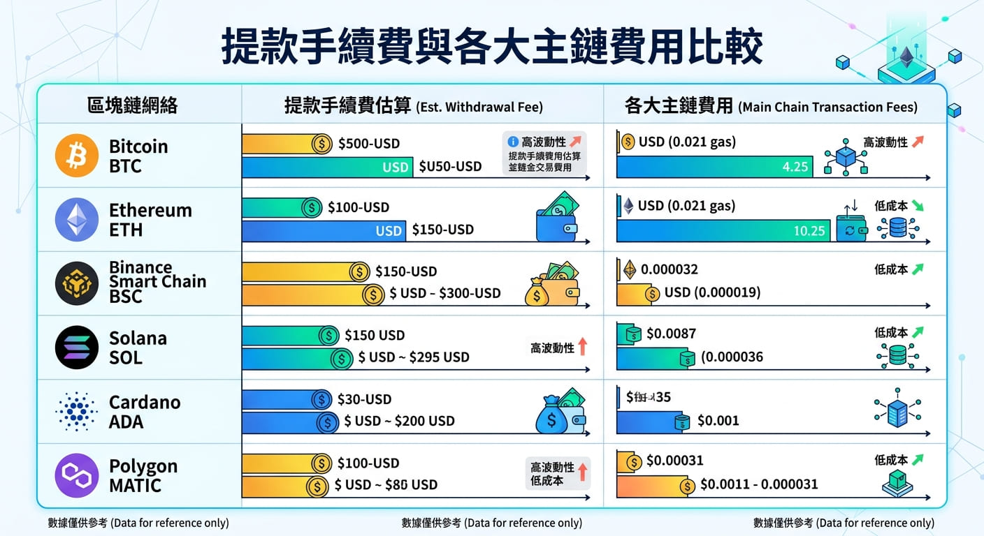 這張圖表比較了各種區塊鏈網路(如比特幣、乙太坊、SOL等)的提款手續費與主鏈交易費用。 整體採用清晰的科技藍風格,透過柱狀圖與數據呈現各主鏈的費用差異與波動性。