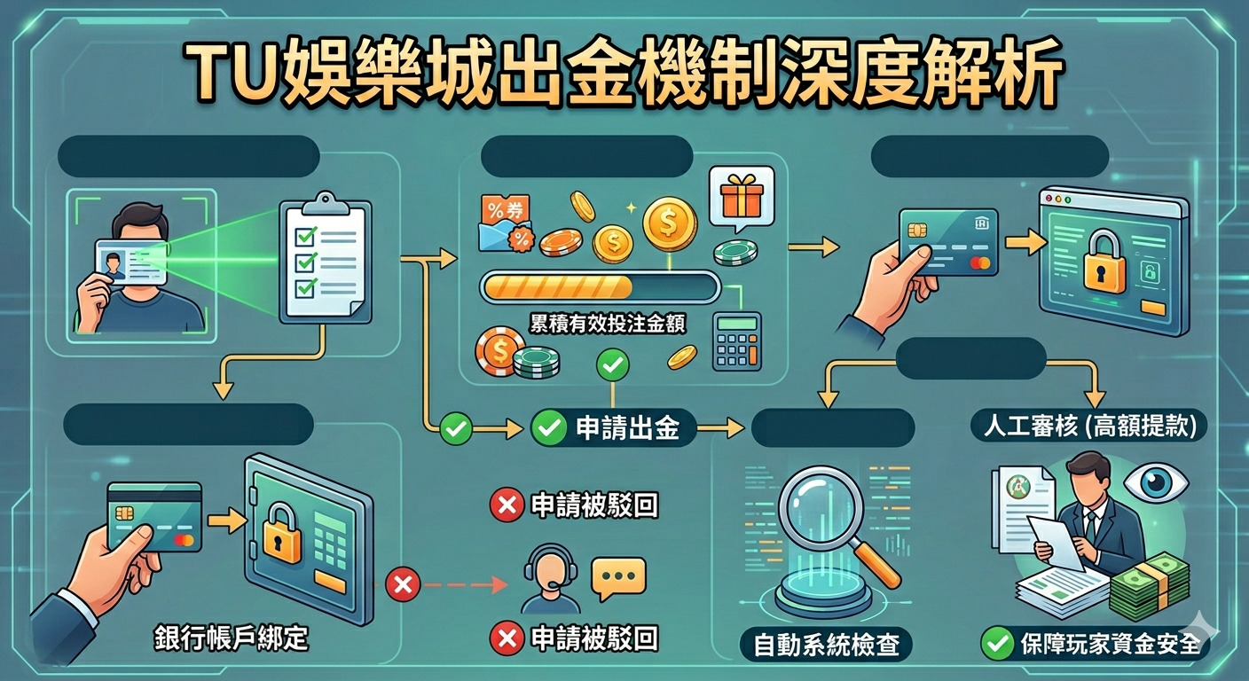 TU娛樂城出金流程包含身分驗證、洗碼量審核與銀行綁定,以確保平台運作穩定與防範套利。 玩家在申請前需透過客服確認有效投注金額,高額提款則會由系統自動檢查並輔以人工審核。 整體機制旨在透過嚴謹的KYC與查核流程,有效保障玩家的資金安全。
