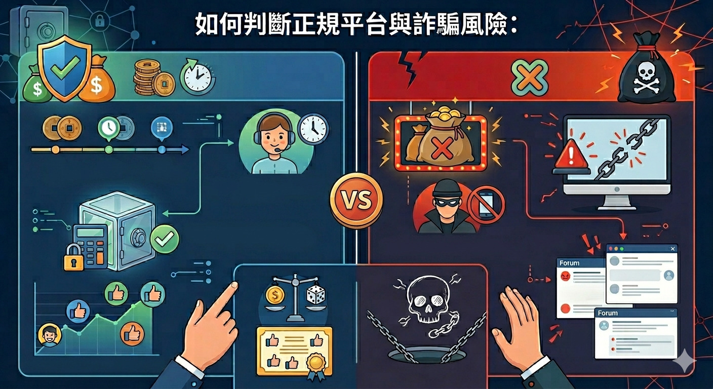 這張圖片透過視覺對比展示了正規平台與詐騙平台的區別。 左側強調正規平台具備歷史口碑、專業客服與透明出金機制。 右側則以紅色警示詐騙手法,提醒玩家避開無回應客服及網路上的不出金爭議。